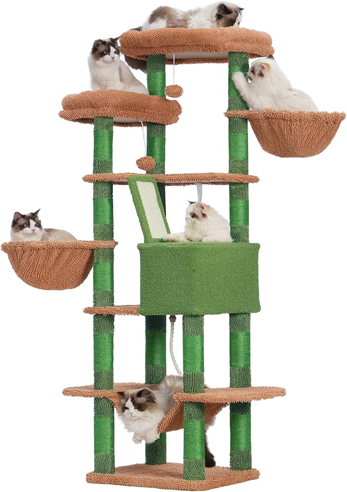 Heybly Cat Tree, 68 inch Multi-Level Cat Tower for Indoor Cats, 2 Widened Plush Perches Cat Condo with Scratching Board and Big Caves, HCT025CA