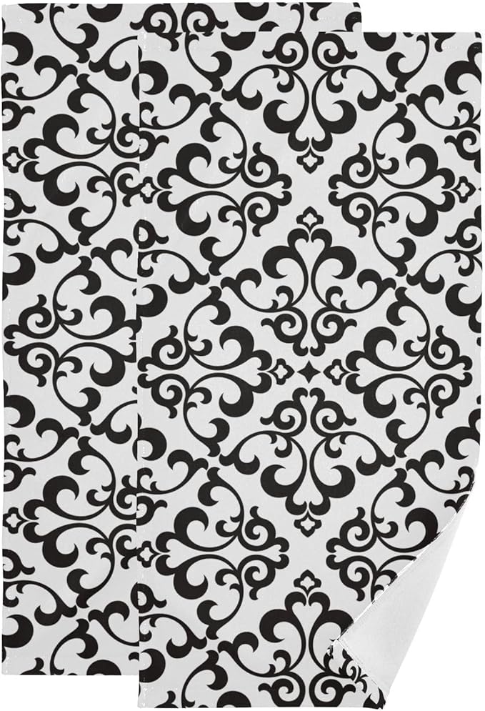 2 Pack White Black Boho Floral Hand Towels for Bathroom,Soft Absorbent Vintage Abstract Flower Modern Bath Hand Towels for Kitchen,Decorative Guest Bathroom Towels for Face,Shower,Gym 14"x28"