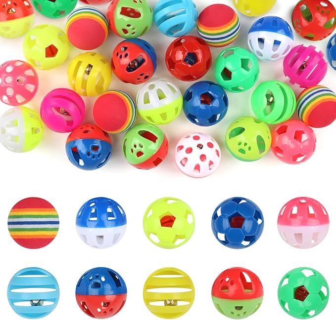 24pcs Value Pack Plastic Ball Cat Toys Lattice Balls with Bell Jingle Kitten Toy Rainbow Ball, Gift Box Styles