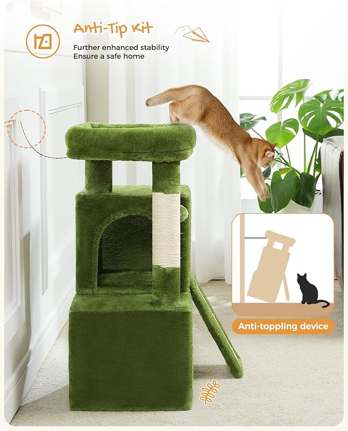 PAWZ Road Cat Tree, 30 Inches Cat Tower with Dual Condos for Indoor Cats, Plush Cat House with Padded Perch, Scratching Ramp and Posts and Replaceable Balls-Green