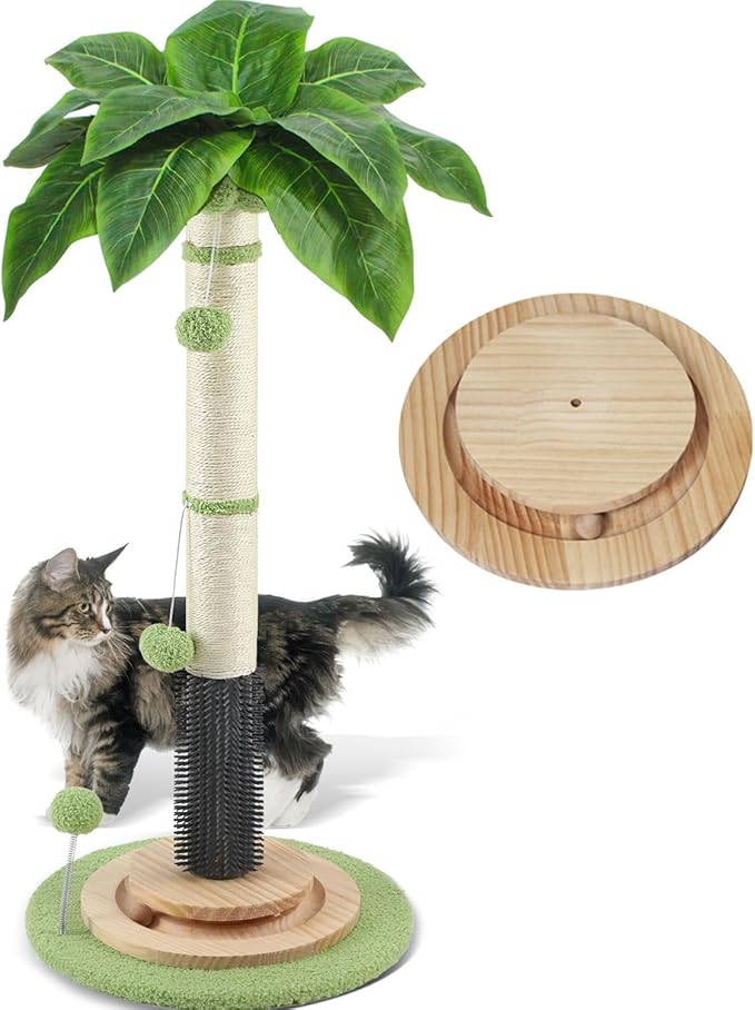 Cat Scratching Post for Indoor Cats,39.4'' Tall Cat Scratching Post with Sisal Rope,Self Groomer,Hanging Spring Ball,Wood Interactive Ball,Cat Activity Center for Adults Cats Kittens