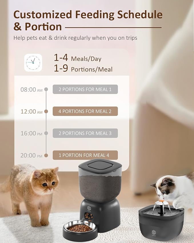 Automatic Cat Feeder with 3L Dry Cat Food Dispenser and 2L Water Fountain, Timed Feeder Dog with Portion Control and Daily Meals, Wire/Battery Automatic Feeders Black