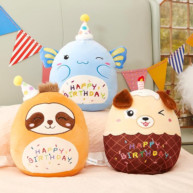 14" Birthday Cake Dog Plush Puppy Stuffed Animals Original Wink Dog Plushie Cuddle Pillows Happy Birthday Gift for Kids Boys Girls