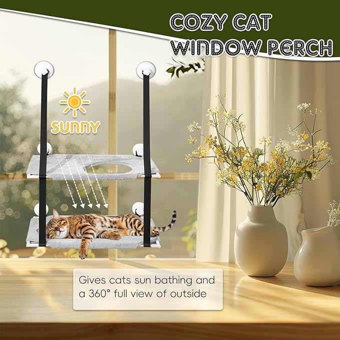 Cat Window Perch, Double Layers Cat Hammock with 6 Stable Screw Suction Cups, Foldable Cat Window Bed Hold Two Cats, Cat Window Seat with Flannel Cat Shelves for Wall