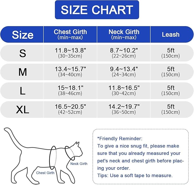 Cat Harness and Leash Set: Upgraded Escape Proof Vest with Lead for Large Cat Small Dog Puppy Walking, Soft Jacket with Reflective Strips L Size Blue