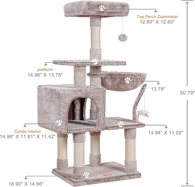 Heybly Cat Tree with Toy, Cat Tower condo for Indoor Cats, Cat House with Padded Plush Perch, Cozy Hammock and Sisal Scratching Posts, Muchroom HCT004MU