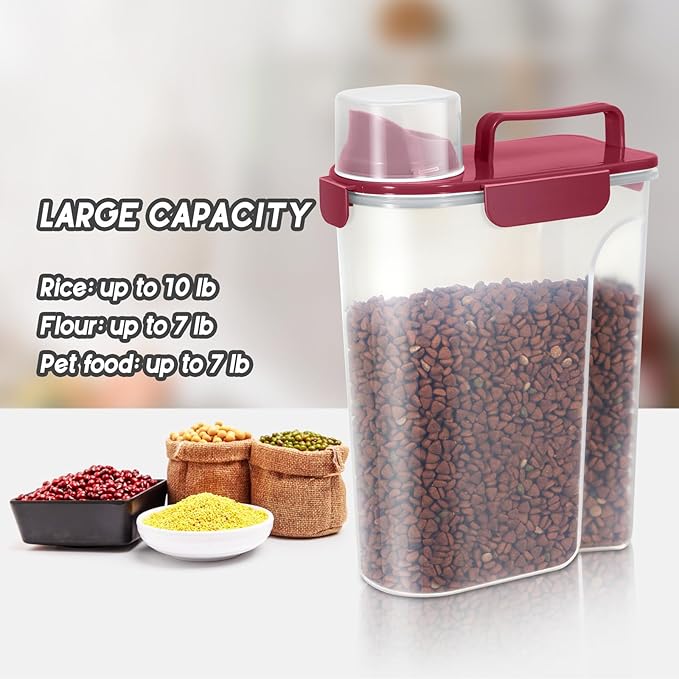 5-7LBS Dog Food Storage Container,Cat Food Storage Contain PBA-free. The Pet Food Storage Container with 4 -Buckle Handle Design is Leak Proof, Easy to Clean and Portable-Elegant Red