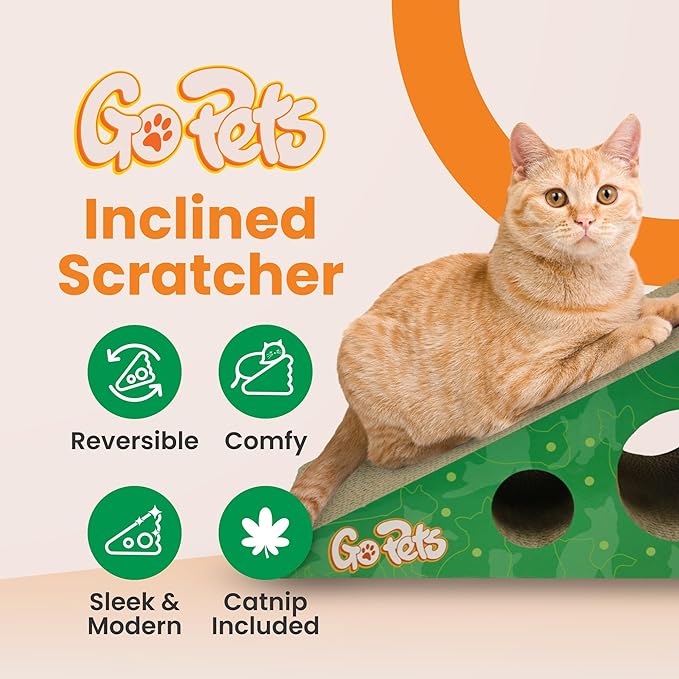 GoPets Large Corrugated Cardboard Cat Scratcher with Ergonomic Design, Reversible & Durable Scratching Post Lasts 2X Longer, Interactive Cat Toy & Catnip for Endless Play - Wedge Shaped Style