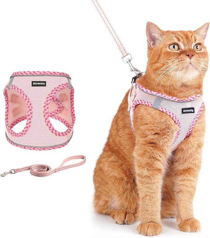 Rttochfy Cat Harness and Leash Set, Escape Proof Kitten Harness, Soft and Breathable Vest with Reflective Strip, Easy to Wear for Cats Walking and Traveling (Pink, XXS)
