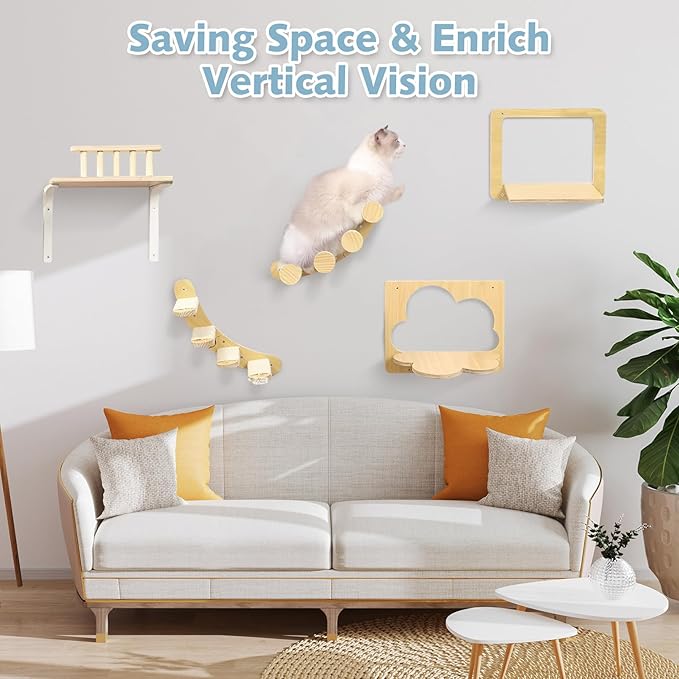 PINVNBY 5 Pcs Cat Wall Furniture, Cat Wall Shelves, DIY Cat Walls Playground with 3 Cat perches, 2 Cat Steps for Sleeping, Playing, Climbing, Large, Burlywood