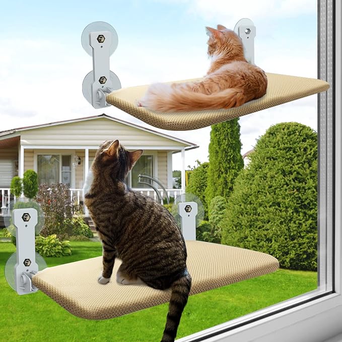 2 Pack Foldable Cat Window Perch, Cordless Cat Window Hammock Cat Window Bed Safety Window Sill Cat Perch for Indoor Cats Inside, Strong Suction Cup Large Cats Window Seat with Sturdy Metal Frame