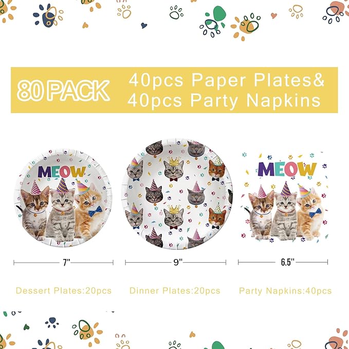 80PCS Cat Party Supplies Cat Kitten Paper Plates and Napkins Party Tableware for Kids Meow Birthday Babyshower Decorations, Serves 40