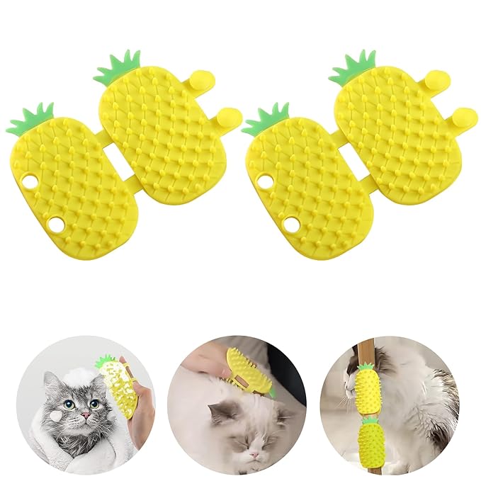 2Pcs Pineapple Cat Self Groomer and Corner Brush, Reduce Shedding, Scratching and Itchiness, Pet Tickling Artifact with Silicone Bristles, Easy Installation for Cat Dog Pet Self Cleaning Cat Brush Toy
