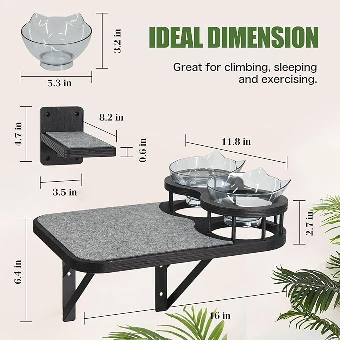 Cat Hammock Cat Wall Shelves with 3 Steps, Cat Scratching Post Cat Hammock and Perches with 2 Cat Food Bowls, Wood Cat Bed Furniture Wall Mounted, Cat Scratching Post Cat Wall Shelf