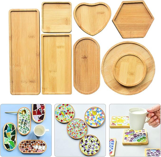 4PCS Mosaic Bamboo Coasters for Crafts, Blank Base Trays, Drinking Cup Coaster, Plant Coaster, Art Plate,DIY Mosaic Supplies (Square L)