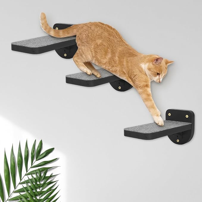 Set of 3 Black Natural Wood Paited Cat Wall Floating Steps Climbing Shelves - Wall Mounted Cat Stairs Ladder, Cat Shelf Platform and Perches for Wall - Holds up 35lbs