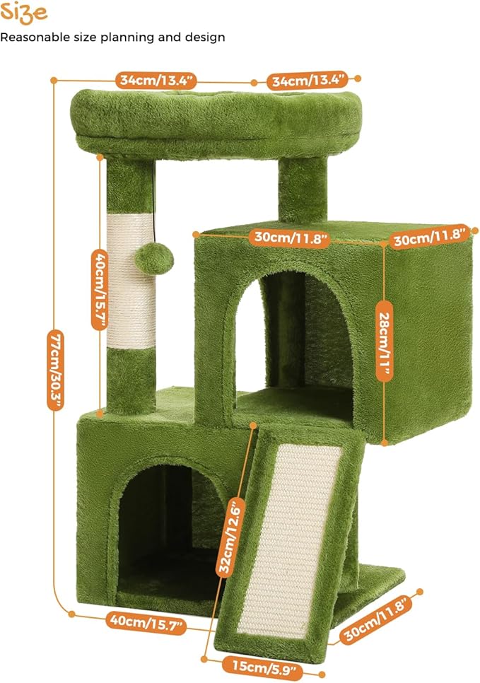 PAWZ Road Cat Tree, 30 Inches Cat Tower with Dual Condos for Indoor Cats, Plush Cat House with Padded Perch, Scratching Ramp and Posts and Replaceable Balls-Green