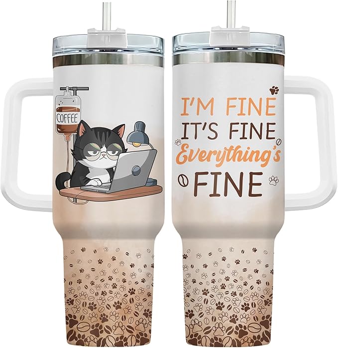 34HD Tuxedo Cat Tumbler 40oz Stainless Steel with Handle and Straw, It's Fine I'm Fine Mug, Funny Cat Travel Mug, Mothers Day Gifts for Tuxedo Mom