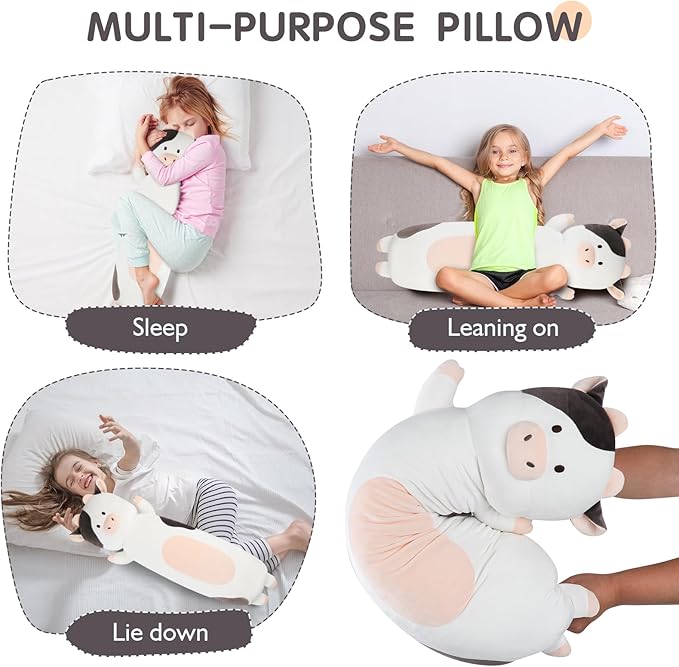 36 inch Milk Cow Stuffed Animal, Soft Long Cuddle Squishy Pillow, Cute Cow Print Body Pillow Plushies Toy Gift for Kids, Boys Birthday