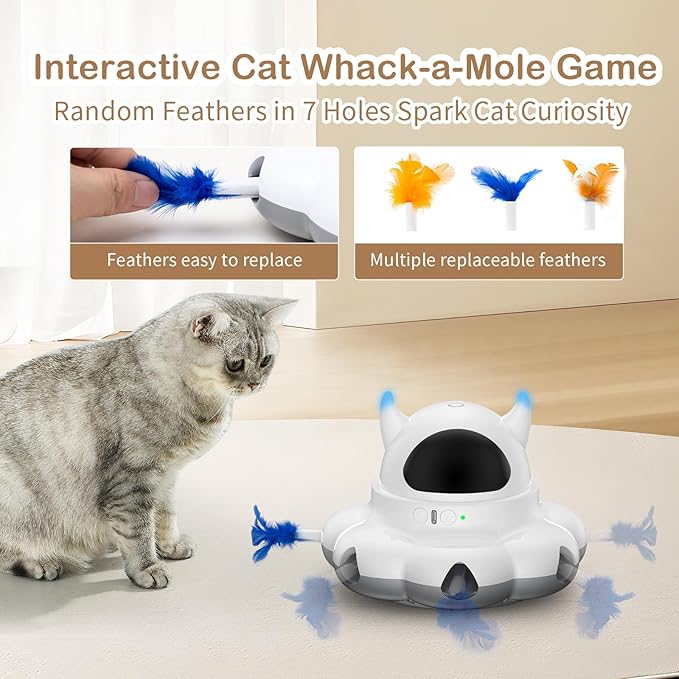 2-in-1 Interactive Cat Toys for Indoor Cats, Automatic Cat Toy with 7 Holes Mice Whack A Mole Moving Feather, Smart Cat Toy (White)