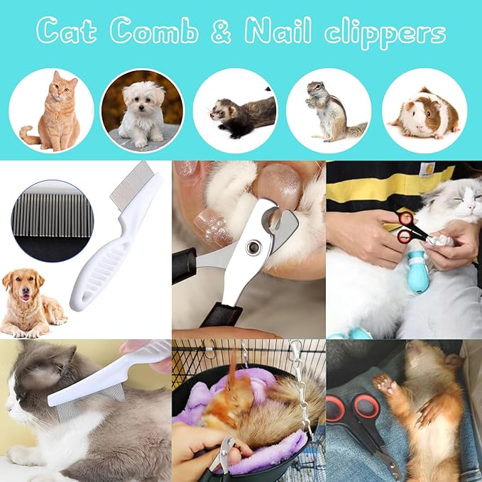 6Pcs Adjustable Silicone Cat Scratch Proof Boots with Pet Nail Clipper and Comb for Bathing and Grooming Feet Cover Cat Foot Cover for Home Pet Dog Ferret Rabbit Guinea Pig (Blue)