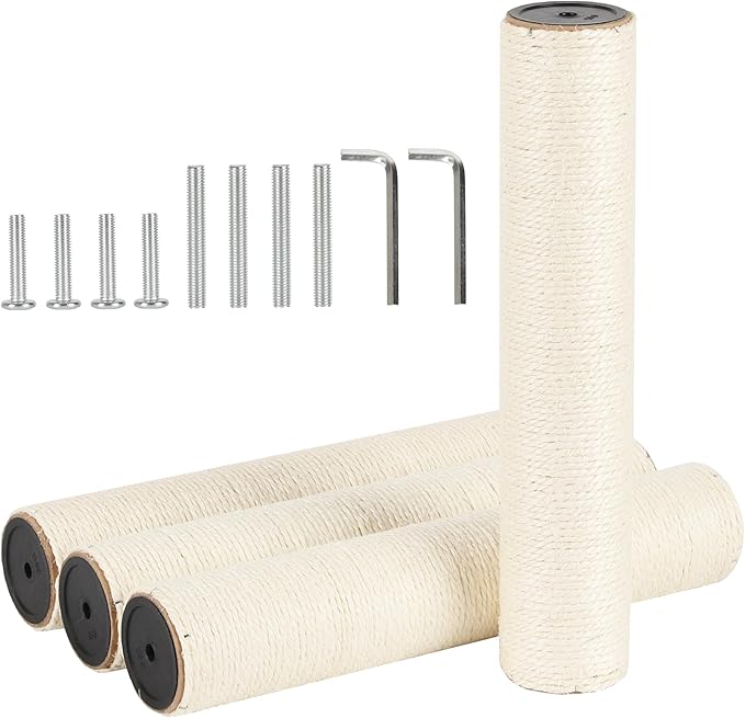 4 Pcs 3.1in 7.9cm Diameter Cat Scratching Post Replacement Sisal Pole with Screws and Bolts and Wrench for Cat Tree Condo (40cm/15.75in, M8)