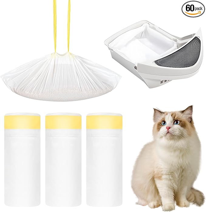 60 Count Cat Litter Box Liners Bags For Litter Robot 4 and 3, 26.5" X 16.7" Drawstring Litter Robot Liners Bags For Self-Cleaning Litter Box,Thick And Heavy Duty Litter Robot Waste Bags