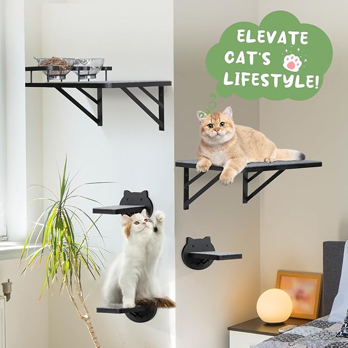 Cat Wall Shelves Set of 2, Cat Shelves and Perches for Wall, Cat Shelves Wall Mount for Large Cat, Cat Wall Furniture with 3 Cat Wall Steps, Cat Climbing Shelf, Cat Wall Shelf with 2 Cat Food Shelf