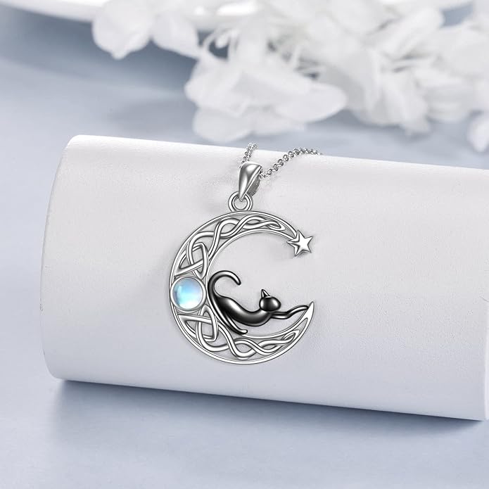 AXELUNA Black Cat Necklace 925 Sterling Silver Kitten Pendant Circle Crystal Necklace Cat Jewelry Gifts for Women Girls Girlfriend Animal Lovers