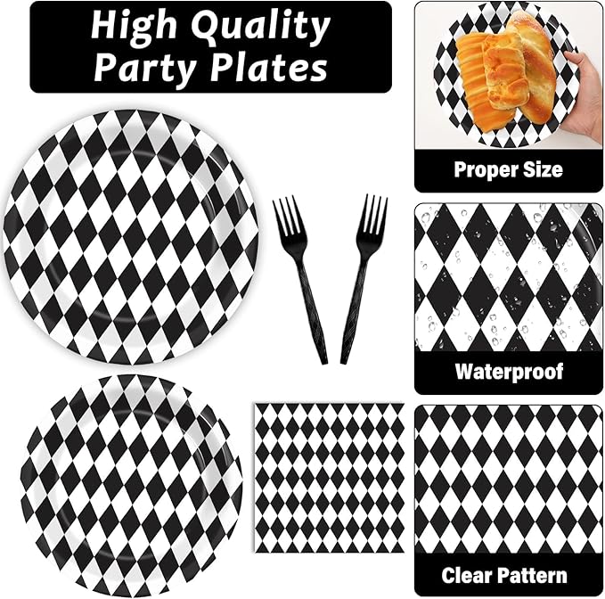 96Pcs Wonderland Party Supplies Black and White Checkered Party Plates and Napkins Race Car Party Disposable Tableware Decorations for Birthday Baby Shower Party Favors for 24 Guests
