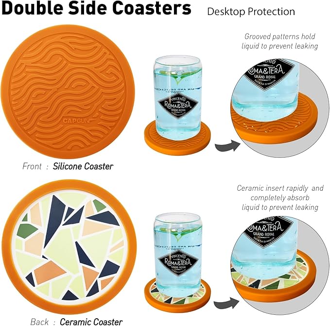 6-Pack Terazzo Silicone Coasters with Deep Tray Holder - Double-Sided Drink Coasters - Beverage Mats for Hot or Cold Drinks - Thick, Non-Slip, Non-Stick Silicone with Ceramic Insert