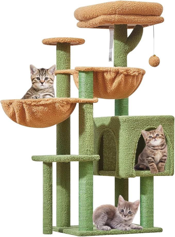 Taoqimiao Cat Tree, 39.4-Inch Cat Tower for Indoor Cats,Suitable for Kittens,Plush Cat Condo with 5 Scratching Posts, Plush Perch,2 Hammock,Pompoms, MS019T Cactus