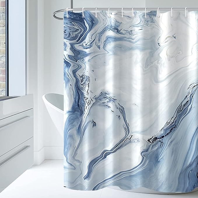 AWERT Blue Marble Shower Curtain - Waterproof for Bathroom Decor, Printed Washable With Hooks, 60x72 Inch