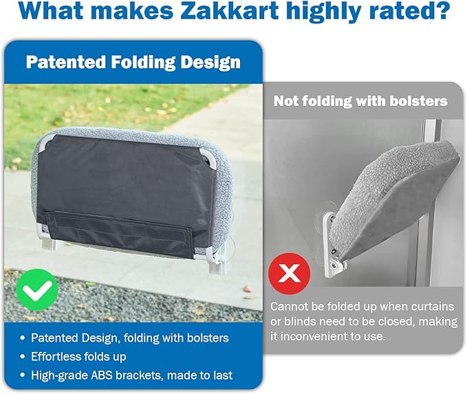 Foldable Cat Hammock for Window - Cordless, Embeded Machine Washable Bed, Robust Metal Frame - Cat Window Perch for Large Cats and Kittens (Gray Bolster Bed, Medium)