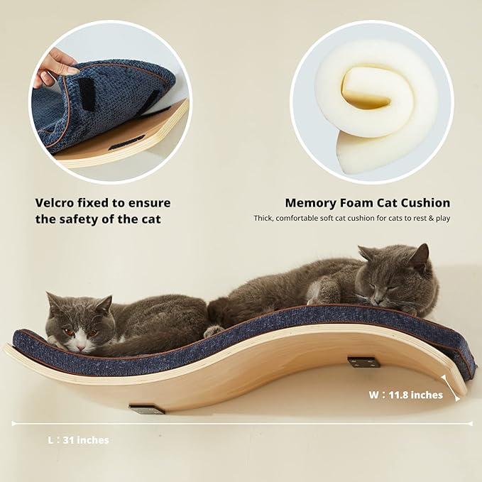 Cat Shelf with Comfortable Cat Cushion - Wave Modern Cat Bed - Minimalistic Floating Cat Wall Perch - Wooden Wall Mounted Cat Furniture for Sleeping, Playing, Climbing, and Lounging