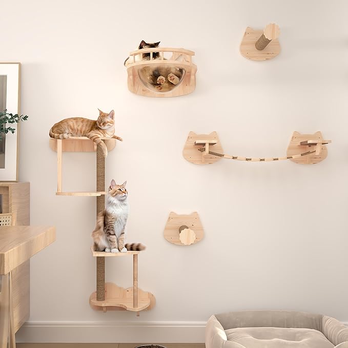 Transparent Capsule Cat Wall Furniture Set of 13, Cat Shelves with 2 Sisal Scratching Steps, 4 Tier Cat Scratching Post, Cat Bridge, Wall Mounted Cat Bed for Kitty or Cats up to 33 lbs