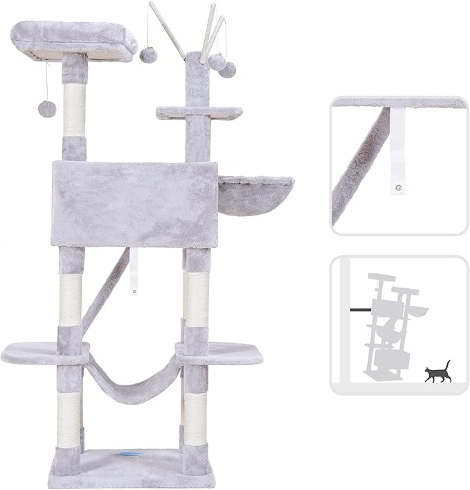 Hey-brother Cat Tree, 61 inch Cat Tower for Indoor Cats, Cat House with Padded Platform Bed, Toy Balls, Large Cozy Condo, Hammocks and Sisal Scratching Posts, Light Gray MPJ019W