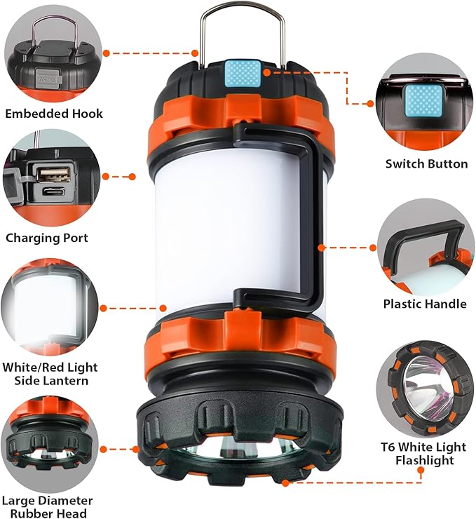 2 Pack Camping Lantern, Outdoor LED Camping Light, Rechargeable Flashlights with 1000LM, 6 Modes, 4000mAh Power Bank, IPX5 Waterproof Portable Emergency Camp Light for Hurricane Survival - Orange