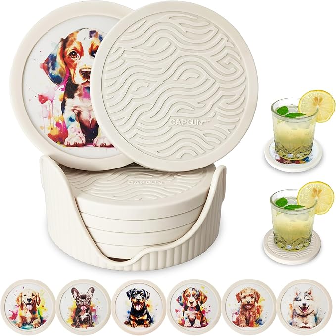 6 Pack Cute Dog Pattern Coasters with Deep Tray Holder, Double Sided Drink Coasters, Beverage Mats for Hot or Cold Drinks, Non-Slip, Non-Stick Silicone with Ceramic Insert Pet Patterned Coaster