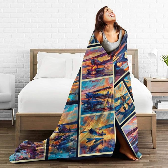 Airplane Decor Stuff Merch Cozy Print Flannel Fleece Soft Plush Fuzzy Warm Lightweight Bedding - Airplane Gifts for Women, Men, Girls, Kids - 50"X40"