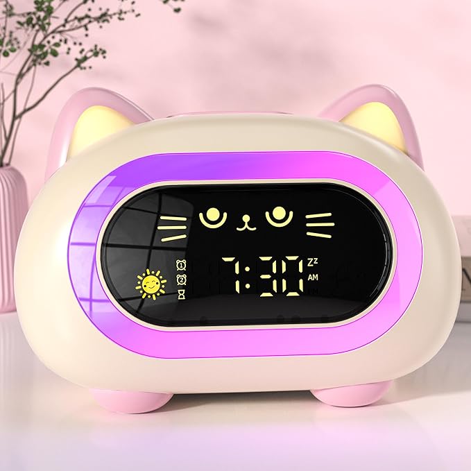 Alarm Clock for Kids, Sleep Training Clock for Girls With Dual Alarm, Eye Protection, Auto Off Timer, 10 Color Night Light, Cat Ok to Wake Clock