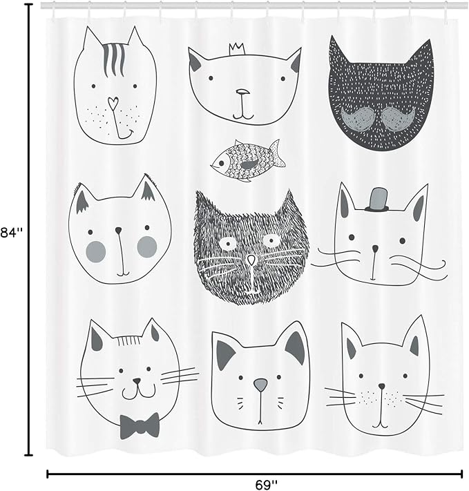 Ambesonne Cat Shower Curtain, Pets Moustache Bow Tie Hat Crown Fluffy and Fish Humor Faces Graphic, Cloth Fabric Bathroom Decor Set with Hooks, 69" W x 84" L, Taupe Grey