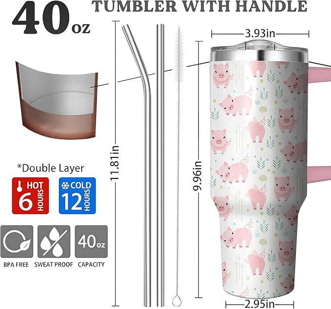 40 Oz Pig Tumbler with Handle and Straw, Double Wall Stainless Steel Pig Coffee Cup, Pig Mug Insulated Pig Cups for Women, 40 Oz Leak Proof Pig Coffee Mug for Women and Pig Gifts for Women