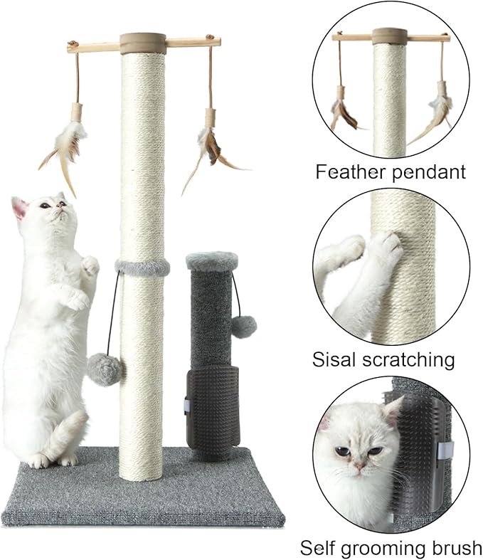 PAWSFANS Cat Scratching Post,Sisal Scratch Posts Vertical Scratcher for Indoor Cats and Kittens,with self Grooming Bursh and Interactive Toys 30 Inches Tall Grey