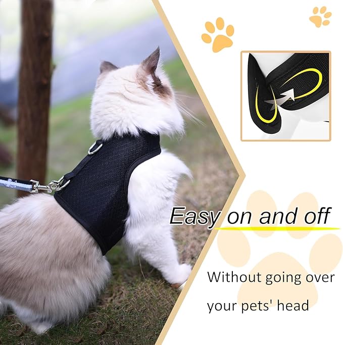 Kitty Harness and Leash for Walking Escape Proof Breathable Mesh Fabric, Solid Black, Small, Adjustable Cat Walking Jackets, Padded Stylish Cat Vest