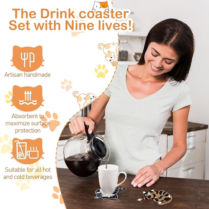 2pcs Cat Coasters for Drinks, Cat Gifts for Cat Lovers Fun Woven Creative Drink Coaster Cute Coffee Coasters for Home Decor Tabletop Protection Suitable for Kinds Cups