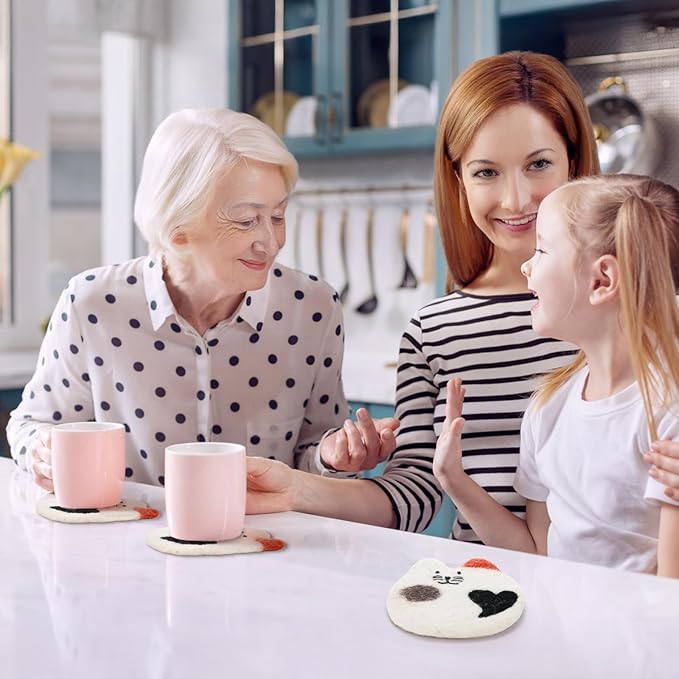 4 Pack Felt Cat Coasters, Durable Wool Cute Cat Themed Cup Coasters for Drinks, Creative Funny Cartoon Moisture Absorbent Mugs Mats Pads for Cats Lover, Home Decor, Table Protection