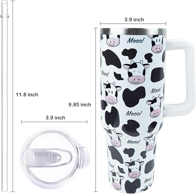 40 oz Tumbler with Handle and Straw, Stainless Steel Insulated Cup with Leak Proof Lid and Straw Lid, Keep Drinks Cold and Hot for Hours（Cow）