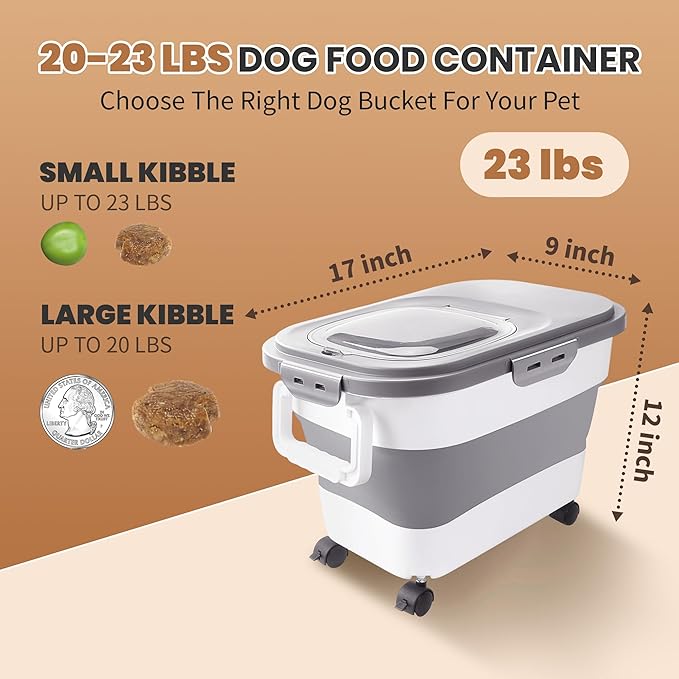 15-23 Lbs Airtight Dog Food Storage Container,Collapsible Dog Food Container with Lid,Wheels,Handle,Large Cat food storage Container with Scoop,Small Food Container for Dog Cat