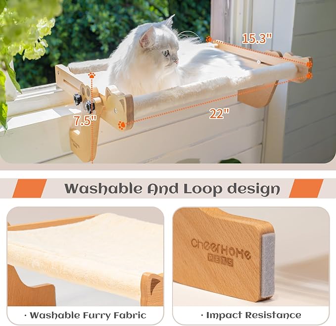 Cat Window Perch for Indoor Cats Wooden Cat Bed Window with Cushion, Cat Hammock for Windowsill Cat Shelf Adjustable Cat Seat for Bedside and Cabinet, Cat Furniture(Large)